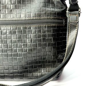 Jack Georges Black Woven Leather Shoulder Bag Black & White Striped Interior